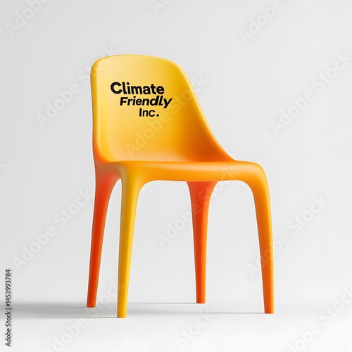 Vibrant yellow plastic chair with Climate Friendly Inc. text, illustrating greenwashing and ironic environmental branding in consumer products photo