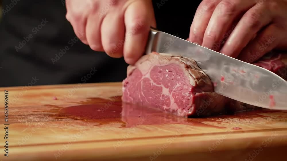 Close up of chef slicing a roast beef on a wooden cutting board. The meat is medium rare, juicy, and ready to be served at a restaurant. Close up of chef slicing a roast beef on a wooden cutting board. The meat is medium rare, juicy, and ready to be served at a restaurant.