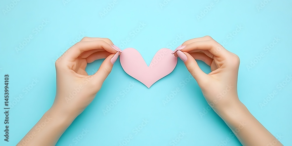 Fototapeta premium Hands Holding Broken Heart, Light Blue Background
