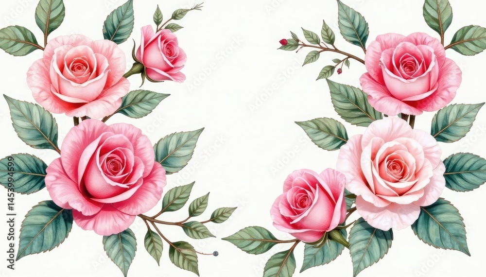 Delicate watercolor roses, intertwined leaves, soft pastel hues, background, design