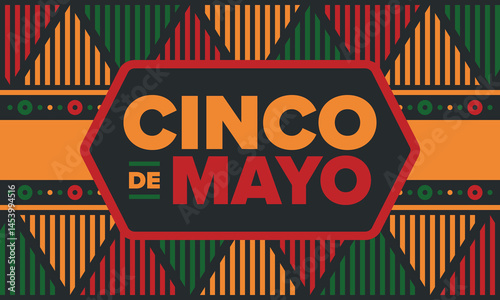 Cinco de Mayo in Mexico. Traditional mexican fiesta in May. National happy holiday with carnival, festival and parade. Latin american and spanish pattern. Illustration with sombrero. Vector poster