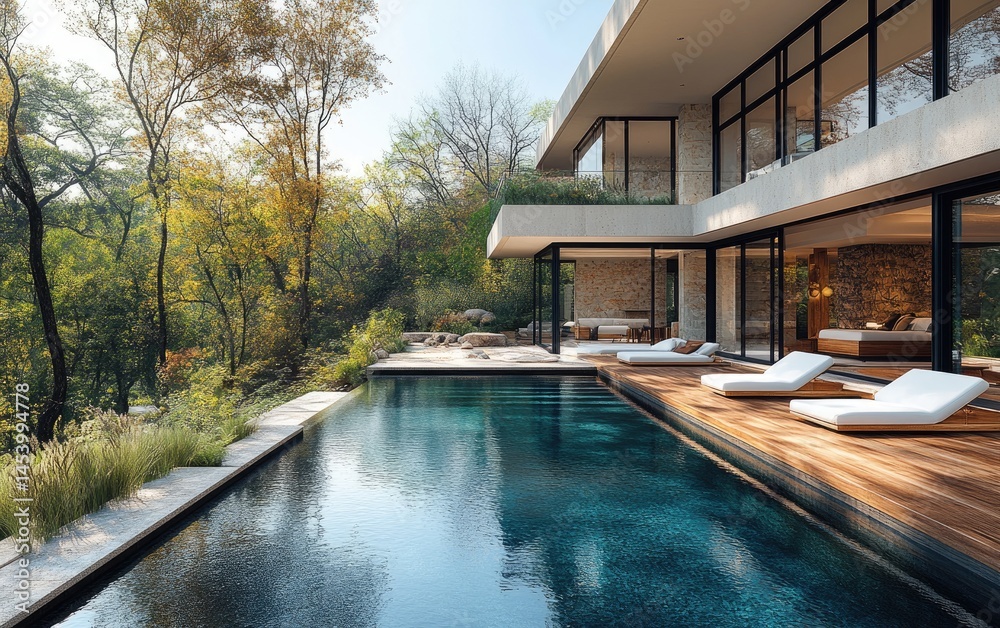 Fototapeta premium Modern home with pool and lush landscaping.