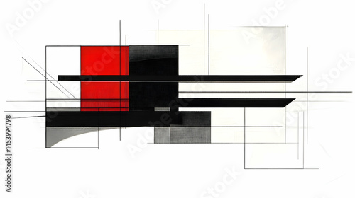 Dynamic interplay of geometric shapes and linear elements in abstract artwork