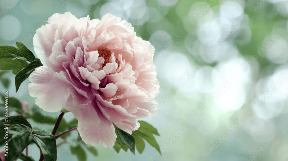 Elegant light pink tree peony, luminous, representing beauty and tranquility, against a blurred garden background with copy space Elegant light pink tree peony, luminous, representing beauty and tranquility, against a blurred garden background with copy space