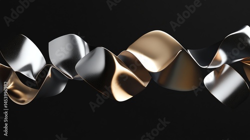 3D render of overlapping, reflective, metallic shapes in gold and silver on a dark background.