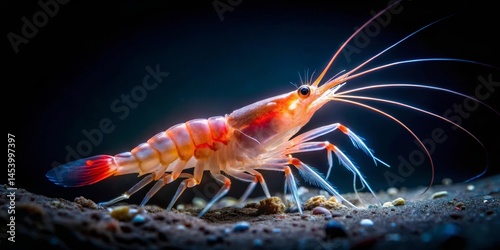 Close-up of a translucent crustacean with vibrant orange and red hues, delicately traversing a seabed of dark sand and small pebbles
