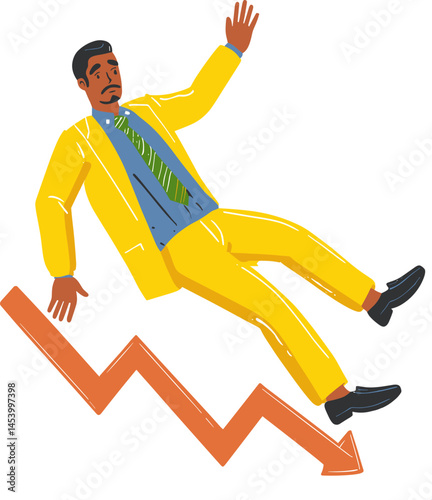 Businessman in yellow suit slipping down a graphic trend line during a financial downturn cartoon isolated on transparent background. Vector illustration.