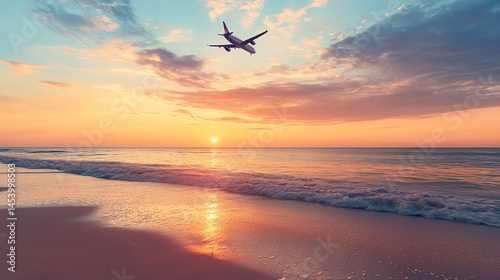 Photograph of airplane flying over a sunset beach scene with calm ocean waves.