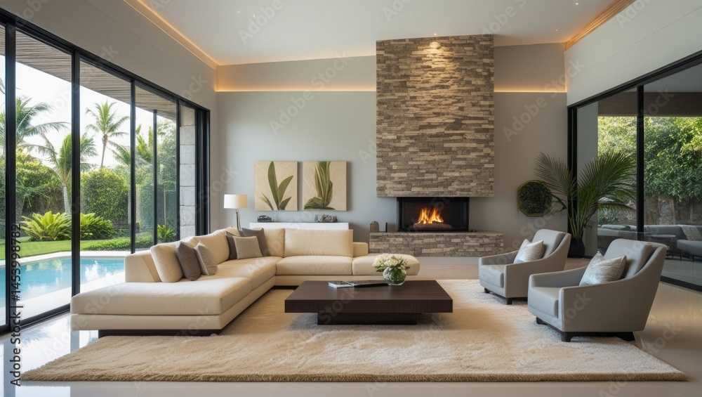 Fototapeta premium Contemporary villa living room design with large windows, modern seating, and soft tones