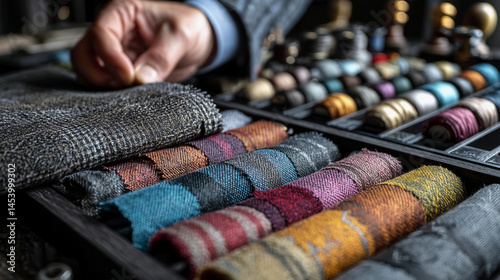 Fabric swatches for suit selection.