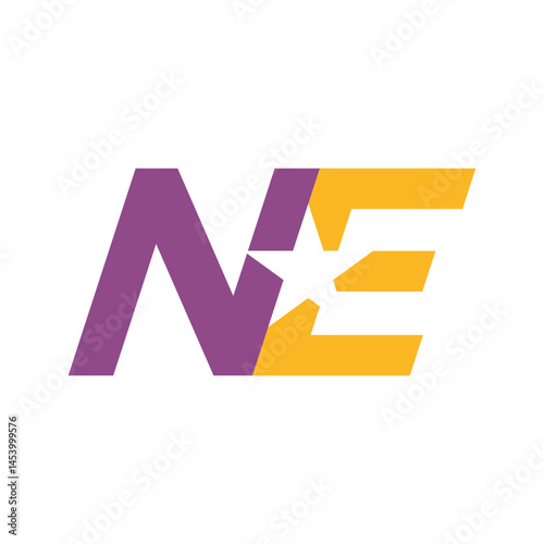 this is a flat monogram logo design of an initial letter NE with a star that looks clean on a purple and yellow color on a white background