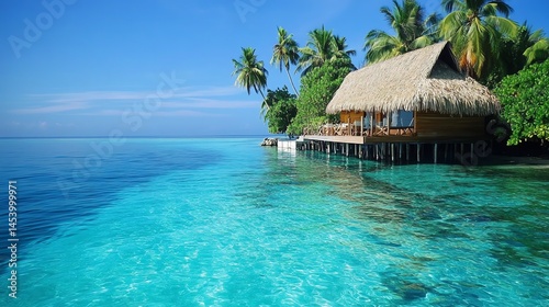 Photograph of an overwater bungalow with a thatched roof amidst turquoise ocean waters and palm trees. photo