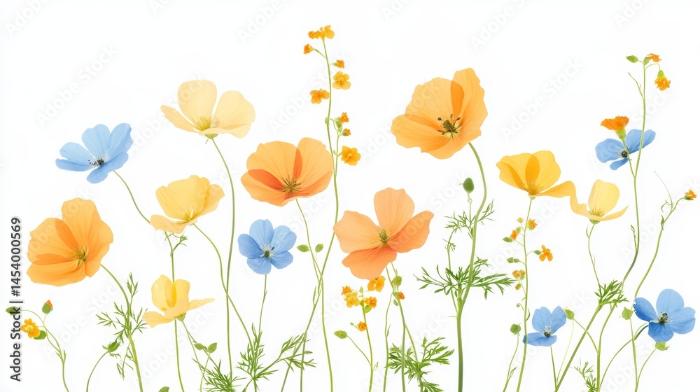 Isolated Wildflowers in Soft Yellow Orange and Blue with Green Stems on White Isolated Wildflowers in Soft Yellow Orange and Blue with Green Stems on White