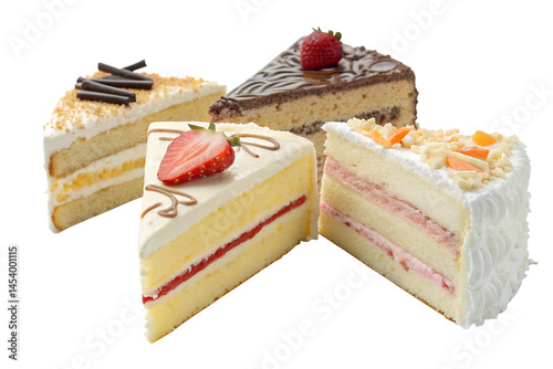 Assorted Cake Slices with Strawberry, Chocolate and Cream Frosting on White Background