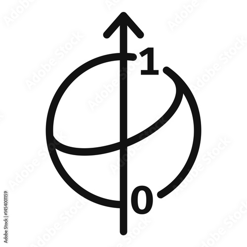 Minimalist vector line art icon depicting a Bloch sphere, used to represent the state of a qubit in quantum computing. Shows the sphere, axis, and basis states