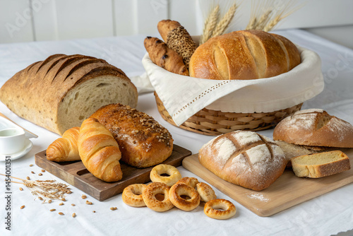 Assorted Fresh Baked Bread and Pastries with Wheat Stalks on White Table