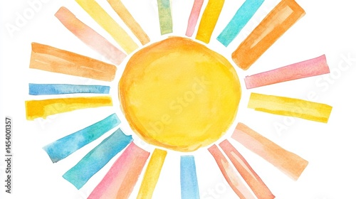 Watercolor illustration of a bright sun with long rectangular rays and a large orange circle