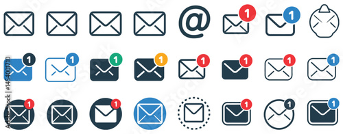 Email icon set in vector format showcasing envelopes, notifications, and at symbols, perfect for use in messaging, communication apps, and marketing campaigns

