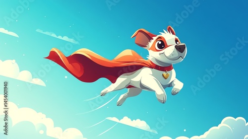 Digital illustration of a cartoon superhero dog soaring through a blue sky with clouds.