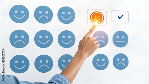 Niche marketing and customer satisfaction survey. Market research and segmentation strategy. Marketer touching customer best review face icon. photo