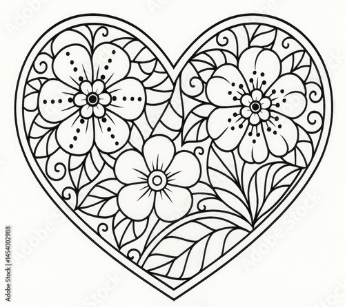 Heart-shaped floral mandala coloring page with intricate flower and leaf patterns, perfect for relaxation and mindfulness art activities