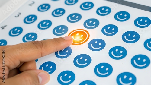 Niche marketing and customer satisfaction survey. Market research and segmentation strategy. Marketer touching customer best review face icon. photo