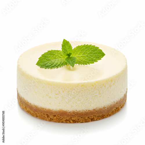 Close up shot of a mini cheesecake with a graham cracker crust and a mint leaf on top on white