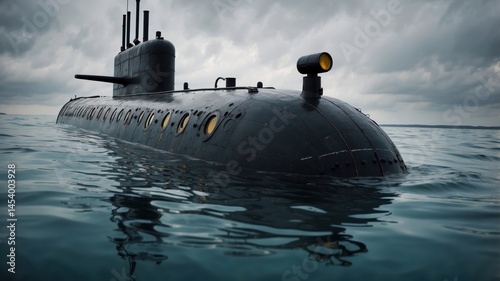 Submersible vessel navigates open water surface under dark clouds; black submarine with portholes at sea level against cloudy sky