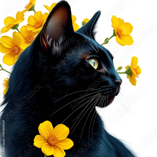 Black cat with yellow flowers 