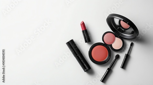 Digital illustration of lipstick, eyeshadow, and applicators on a white surface.