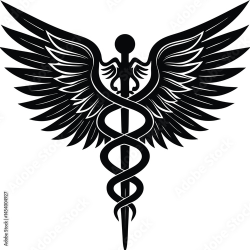 Caduceus Medical Symbol vector Silhouette illustration Feathery winged caduceus in silhouette