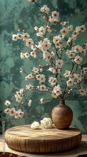 A still life arrangement of blossoms in a wooden vase.