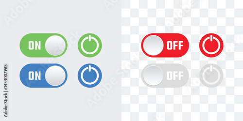 Switch button icon set.  On, Off vector set colors.Blue, green, Red and grey On app interface slide buttons.Material design switch buttons set. Vector illustration.