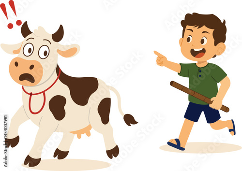 Funny Eid ul Adha Moment Illustration, Boy Chasing Cow with Stick, Qurbani Cartoon Concept