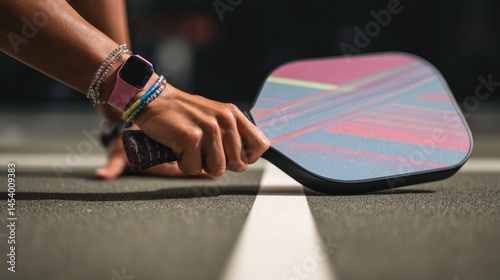  Hand gripping colorful paddle on pickleball court