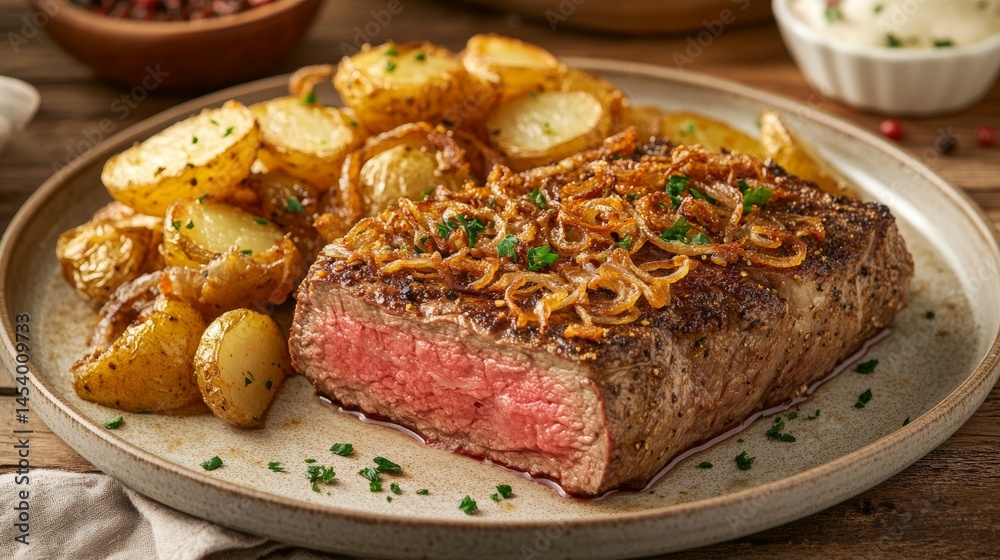 Vibrant display of succulent steak dish with crispy crust, fried onions and potatoes Vibrant display of succulent steak dish with crispy crust, fried onions and potatoes