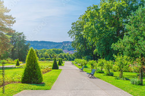 Obraz na płótnie Parc des Glacis park with green trees and bushes, grass lawn and benches on path in Besançon city in sunny summer day with blue sky background, Bourgogne-Franche-Comte region, France w salonie