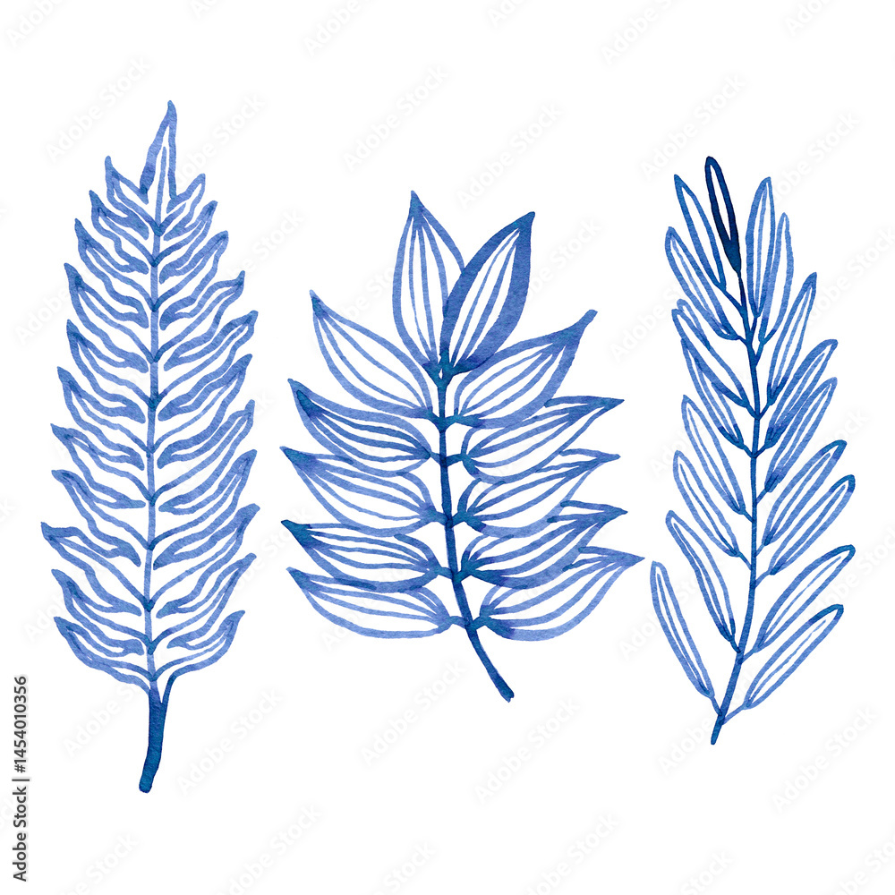 Fototapeta premium Watercolour hand drawn blue floral fern branch, foliage exotic plant, blue watercolour branch use as print, poster, element design, textile, fabric, invitation, clothes print, label, sticker. 