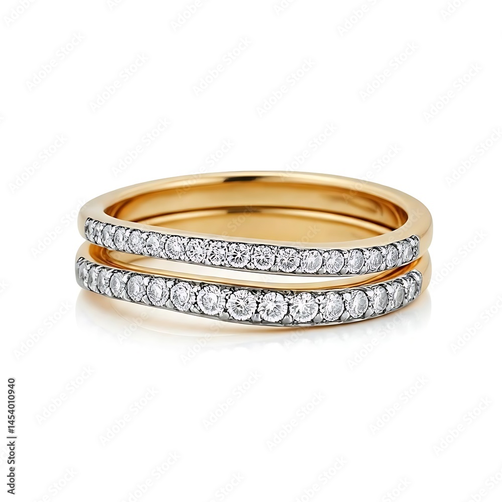 Twisted double gold band with pavé diamonds, white background Twisted double gold band with pavé diamonds, white background