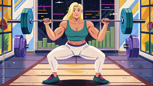 Strong woman lifting barbell in gym, focused on strength training, performance vector, and fitness goals. Perfect for health, motivation, bodybuilding, and active lifestyle visuals