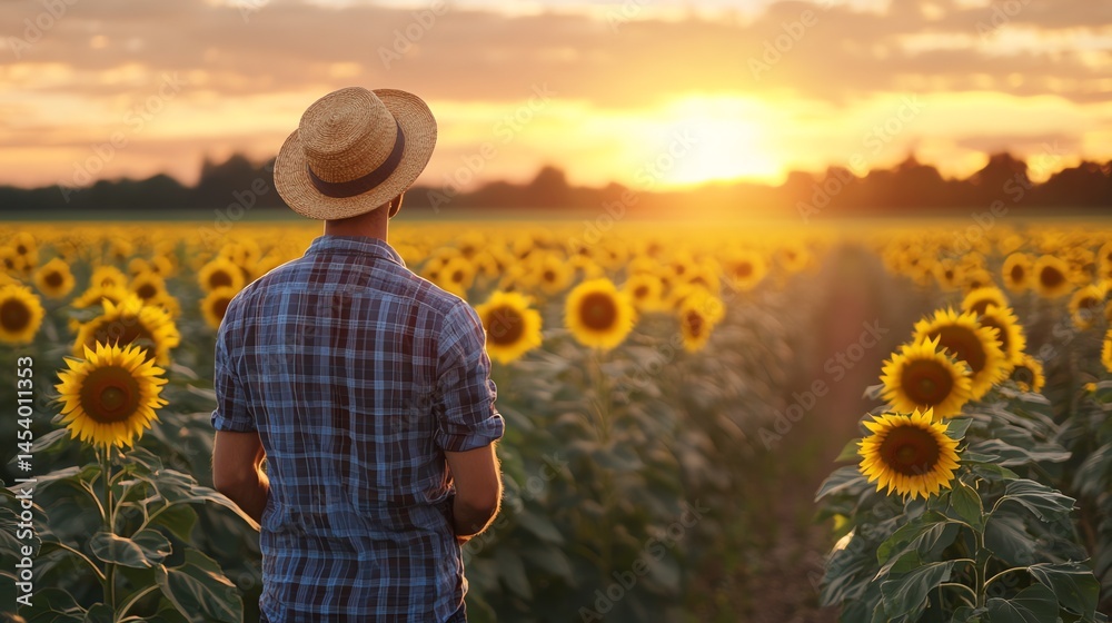 Fototapeta premium Photograph of a man in a checkered shirt stands in a sunflower field during a sunset.