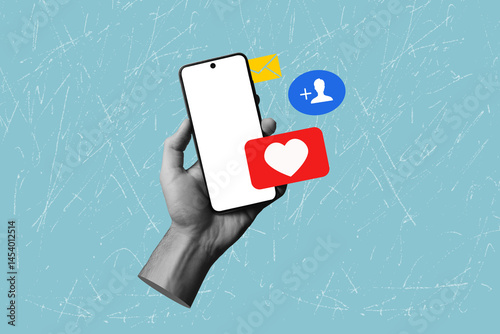 Contemporary art collage on the theme of social networks. Hand holding mobile phone showing social media notifications. Promotion of a personal page in social networks	
