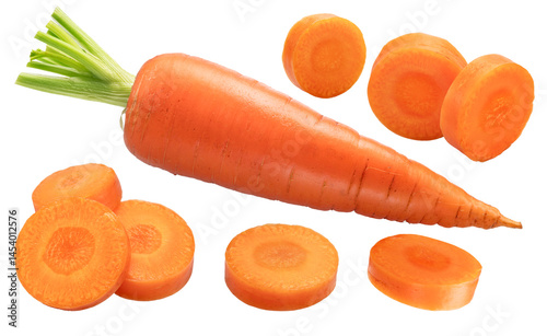 Set of red carrot and round carrot slices isolated on white background. File contains clipping paths.