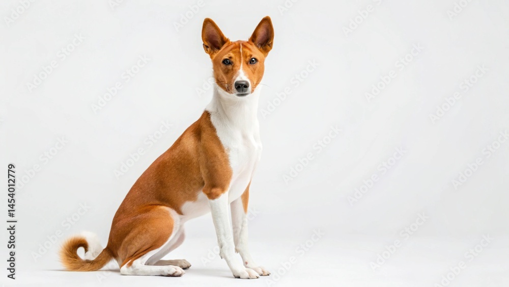 A handsome reddish-brown and white dog with a curled tail sits attentively on a white background, showcasing its alert posture and expressive eyes in a studio portrait.
A handsome reddish-brown and white dog with a curled tail sits attentively on a white background, showcasing its alert posture and expressive eyes in a studio portrait.