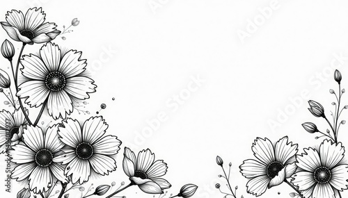 Delicate line art floral pattern, black & white, stylish, art, graphic