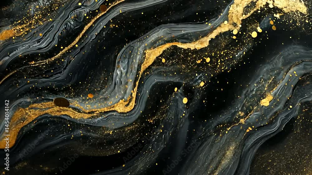Abstract black and gold swirling pattern with glittering elements, evoking elegance and luxury