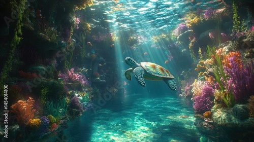 Sea turtle swims through vibrant coral reef