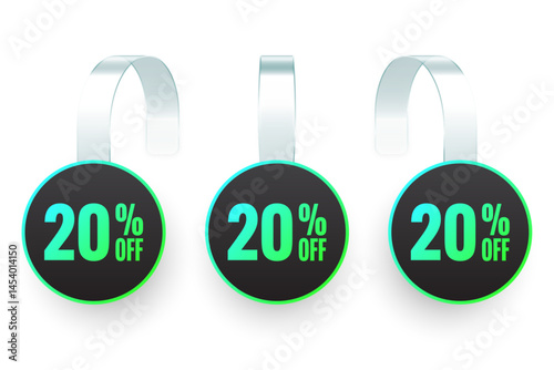 Supermarket promotional wobblers. Realistic white wobbler template for shelf advertising, 20 percent off discount. Sale label with ad text. Special offer price tag. Vector illustration