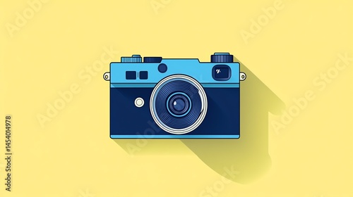Digital illustration of a classic, blue camera with a simple, flat design.