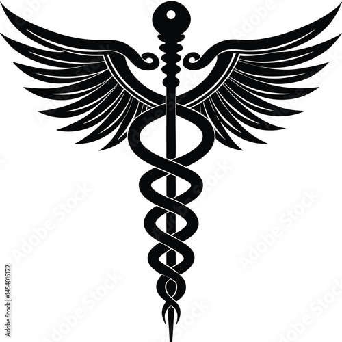 Caduceus Medical Symbol vector Silhouette illustration High contrast black caduceus with thick staff